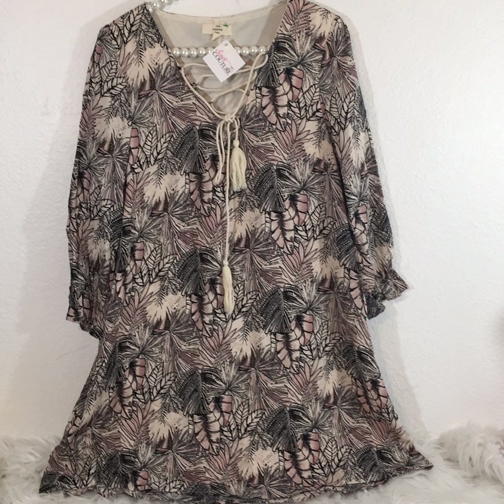 Entro Boho Long Sleeve Floral Tassel Dress Small